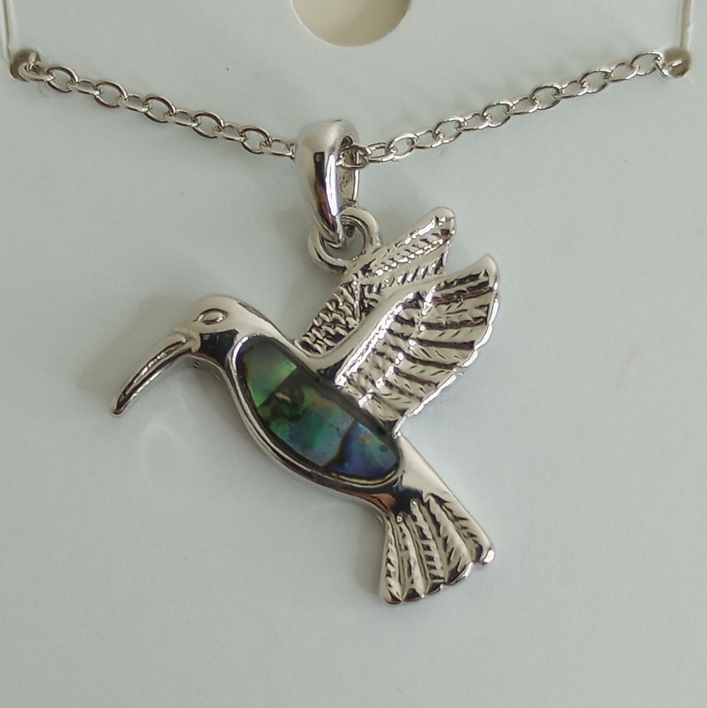 NWT Silver Hummingbird Pendant Necklace with Iridescent Inlay